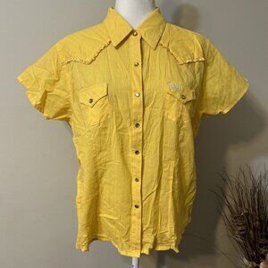 20X Twenty X Woman Jewel Snap Western Shirt Sz XL Yellow Striped Metallic Ruffle